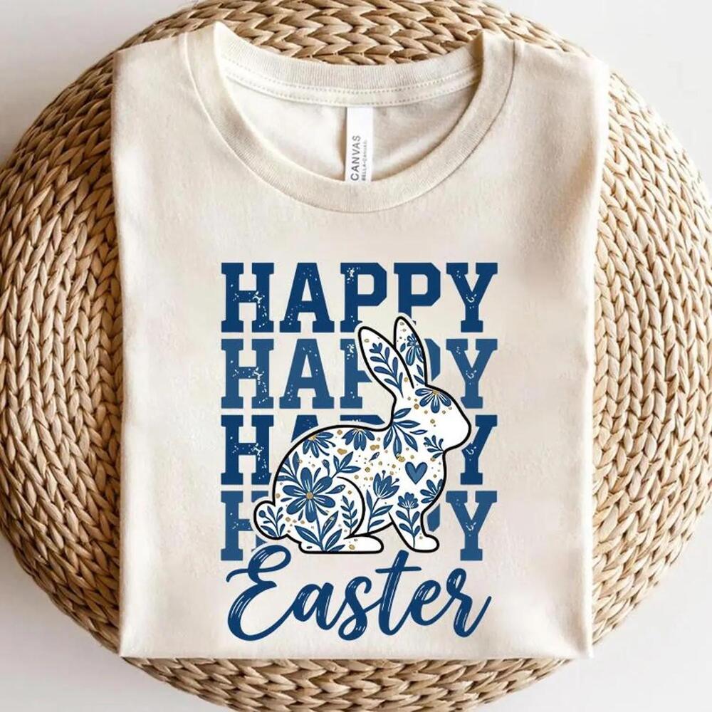 Easter Bunny Shirt, Blue Floral Rabbit Easter Shirt, Happy Easter Graphic Tee